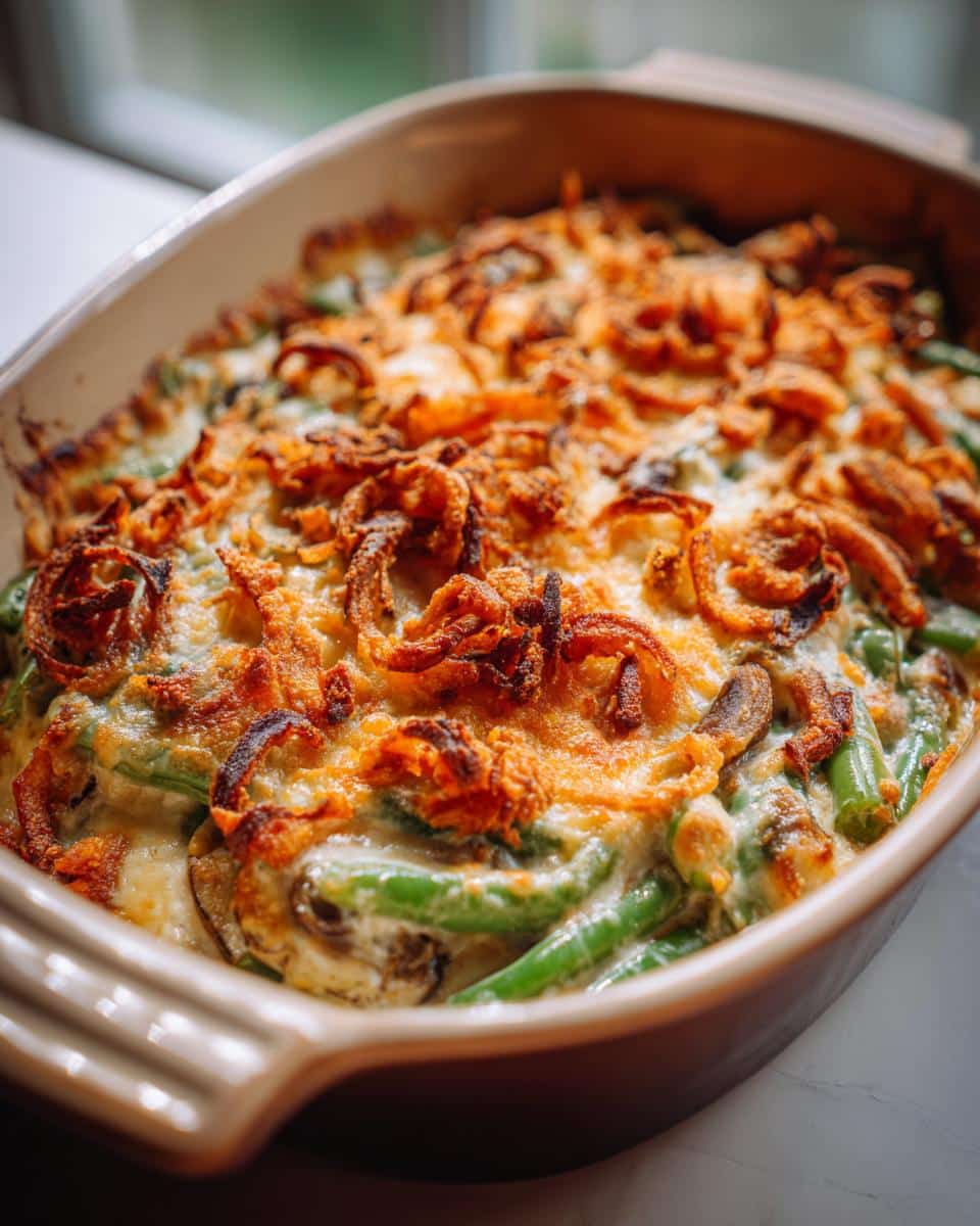 A close-up of a Classic Green Bean Casserole from Scratch, bubbling and topped with crispy fried onions.