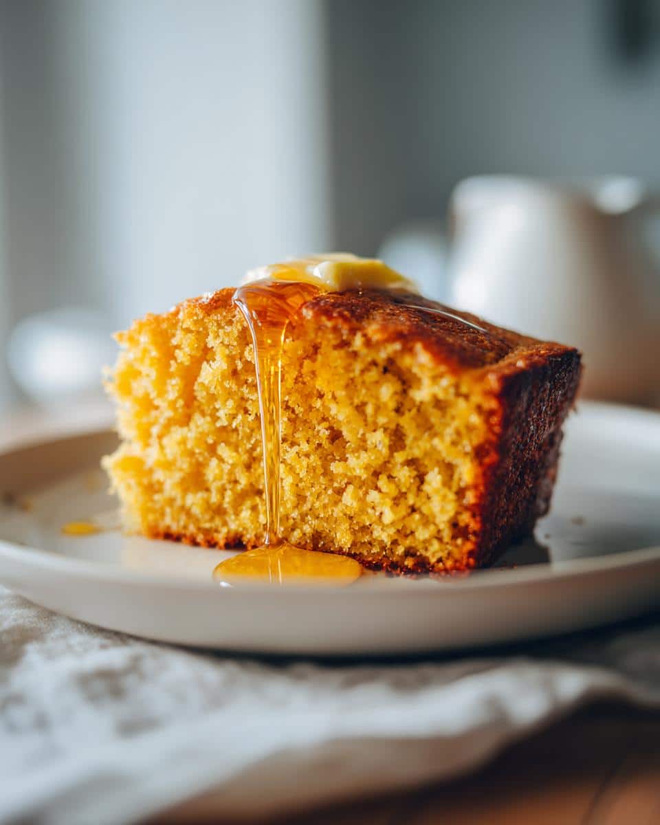 A slice of golden Cornbread with Browned Butter, topped with a pat of butter and drizzled with honey.