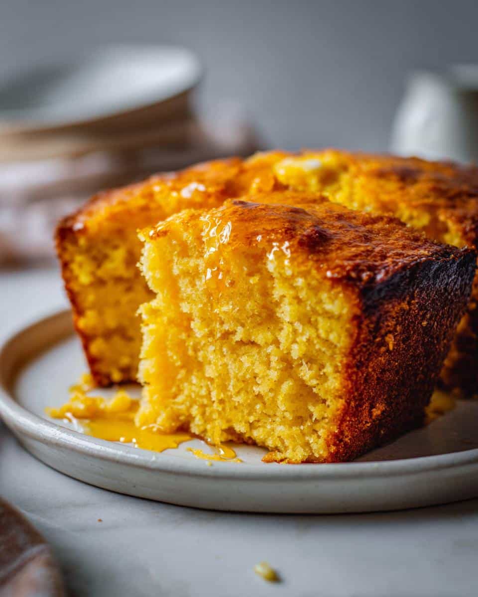 A close-up of a slice of golden cornbread with browned butter drizzled over it.