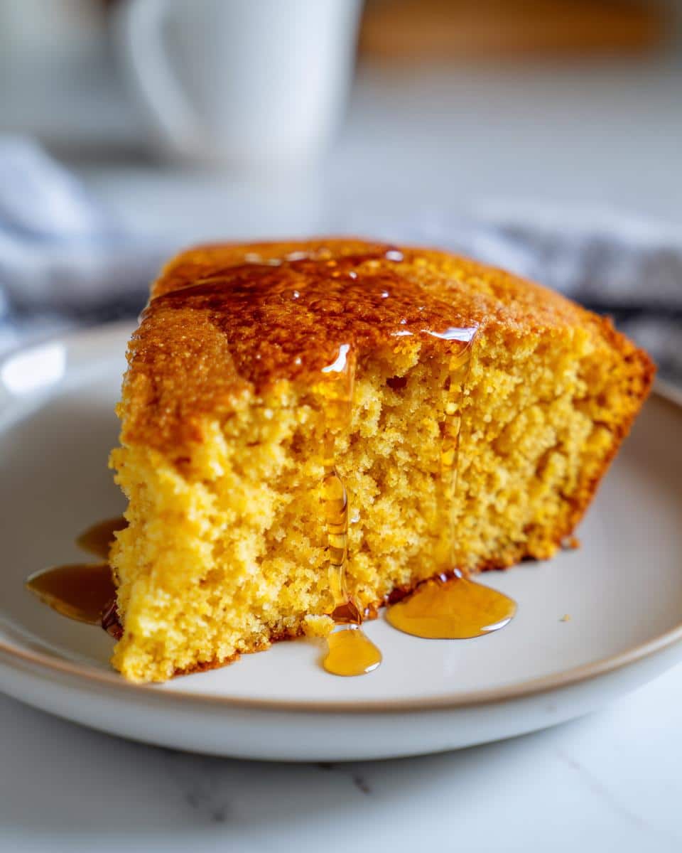 A slice of moist cornbread with browned butter, drizzled generously with golden syrup on a plate.