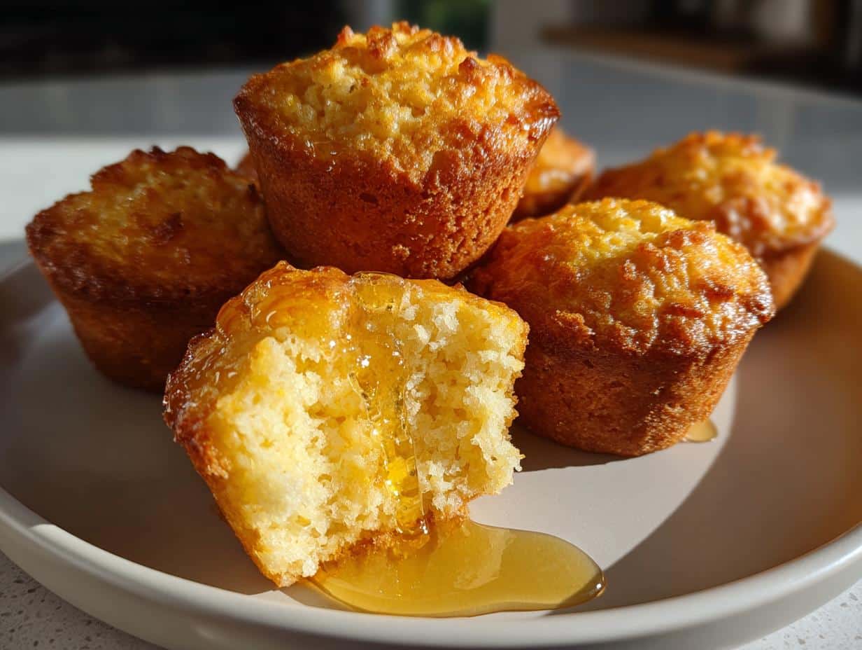 Close-up of golden cornbread muffins with a generous drizzle of honey, one muffin is broken to show its fluffy interior.