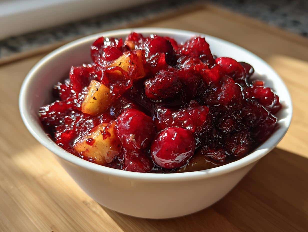 Close-up of a white bowl filled with glistening Cranberry Apple Chutney, showing whole cranberries and diced apples.