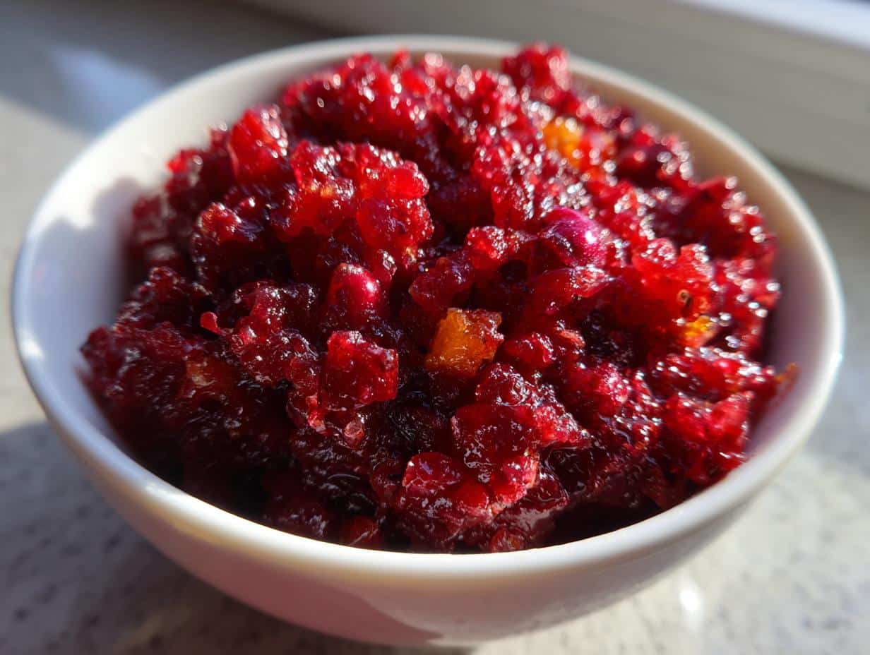 Close-up of a white bowl filled with vibrant Cranberry Orange Relish No Cook, showcasing the texture of cranberries and orange zest.