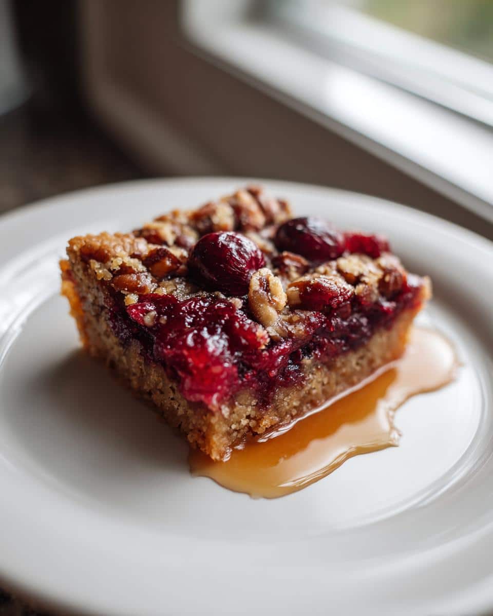 A close-up of a Cranberry Pecan Pie Bar on a white plate, with syrup pooled beneath it.