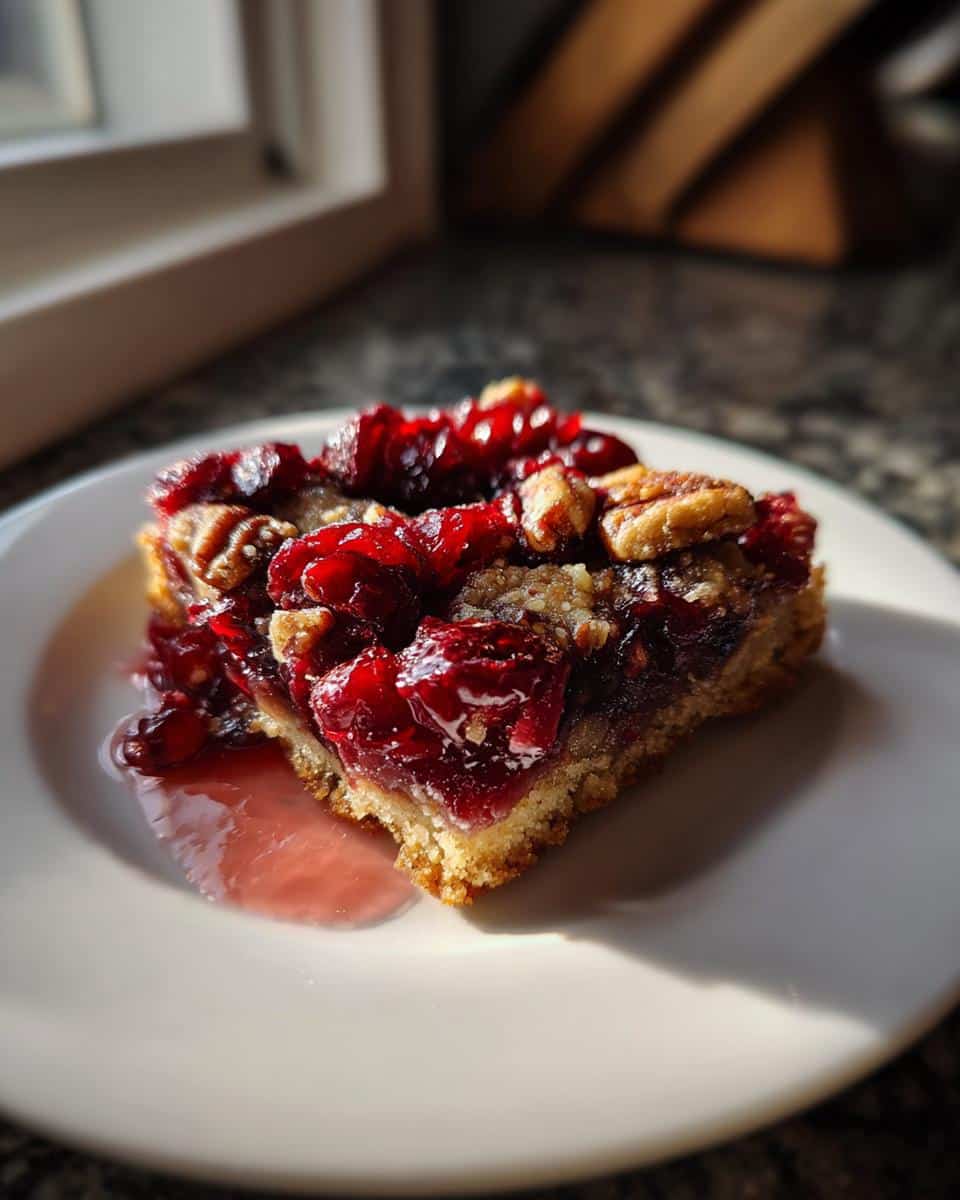 A single slice of Cranberry Pecan Pie Bars on a white plate, showcasing the rich cranberry topping and pecan pieces.