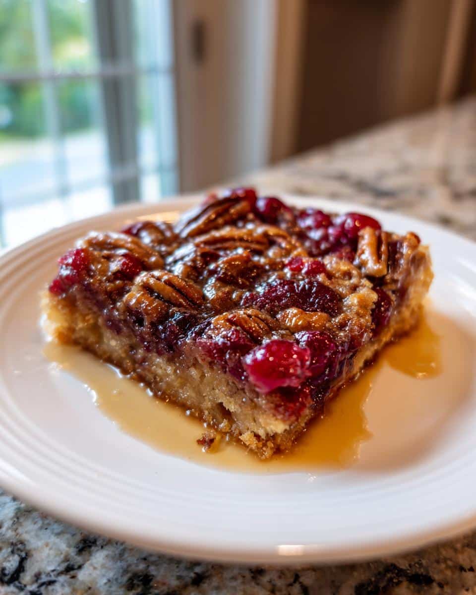 A close-up of a single slice of Cranberry Pecan Pie Bars on a white plate, drizzled with syrup.