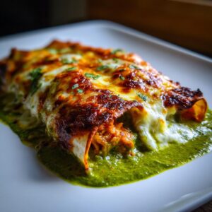 Close-up of Creamy Chicken Enchiladas with Green Sauce, topped with melted cheese and cilantro.