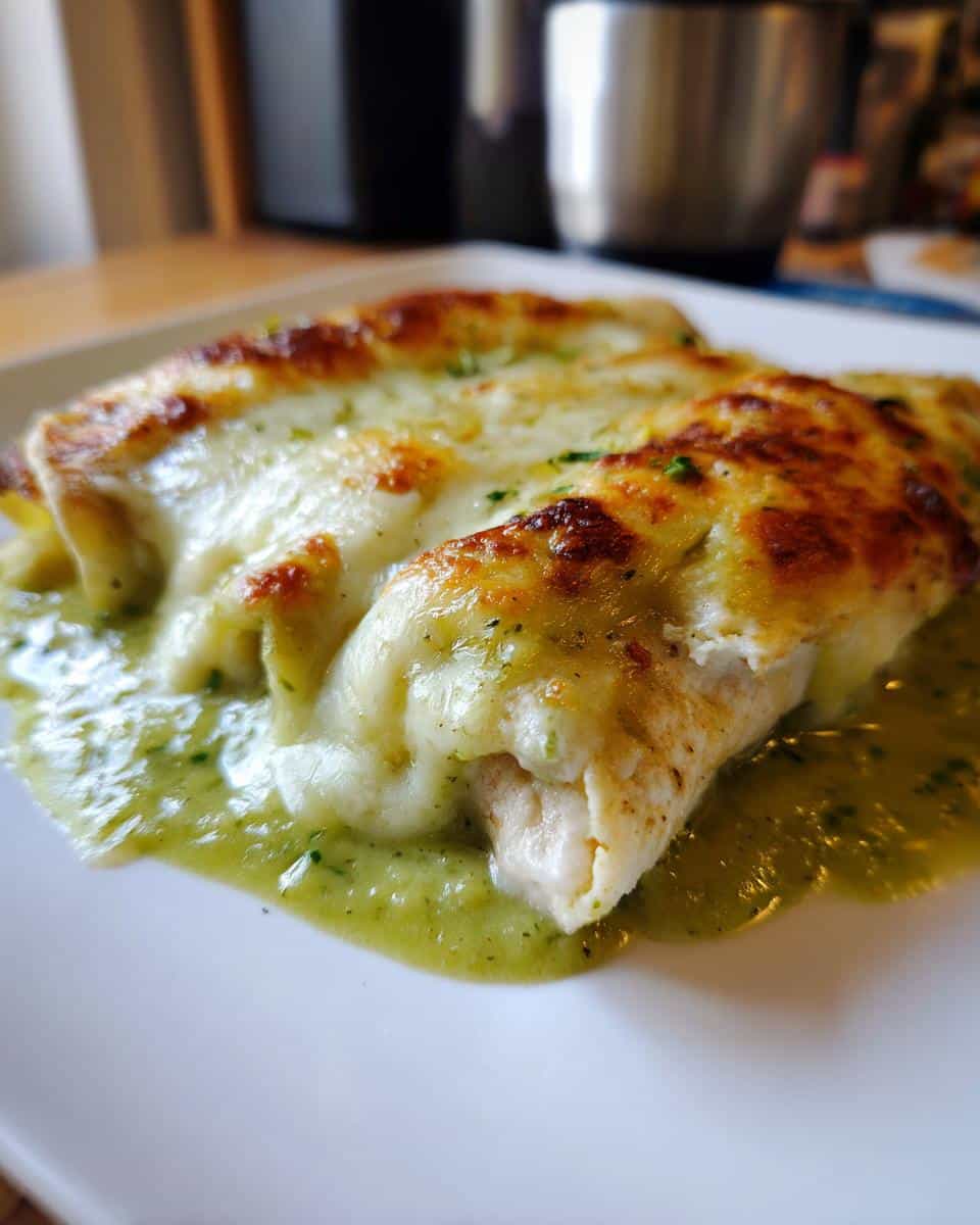 Close-up of creamy chicken enchiladas smothered in green sauce and melted cheese.