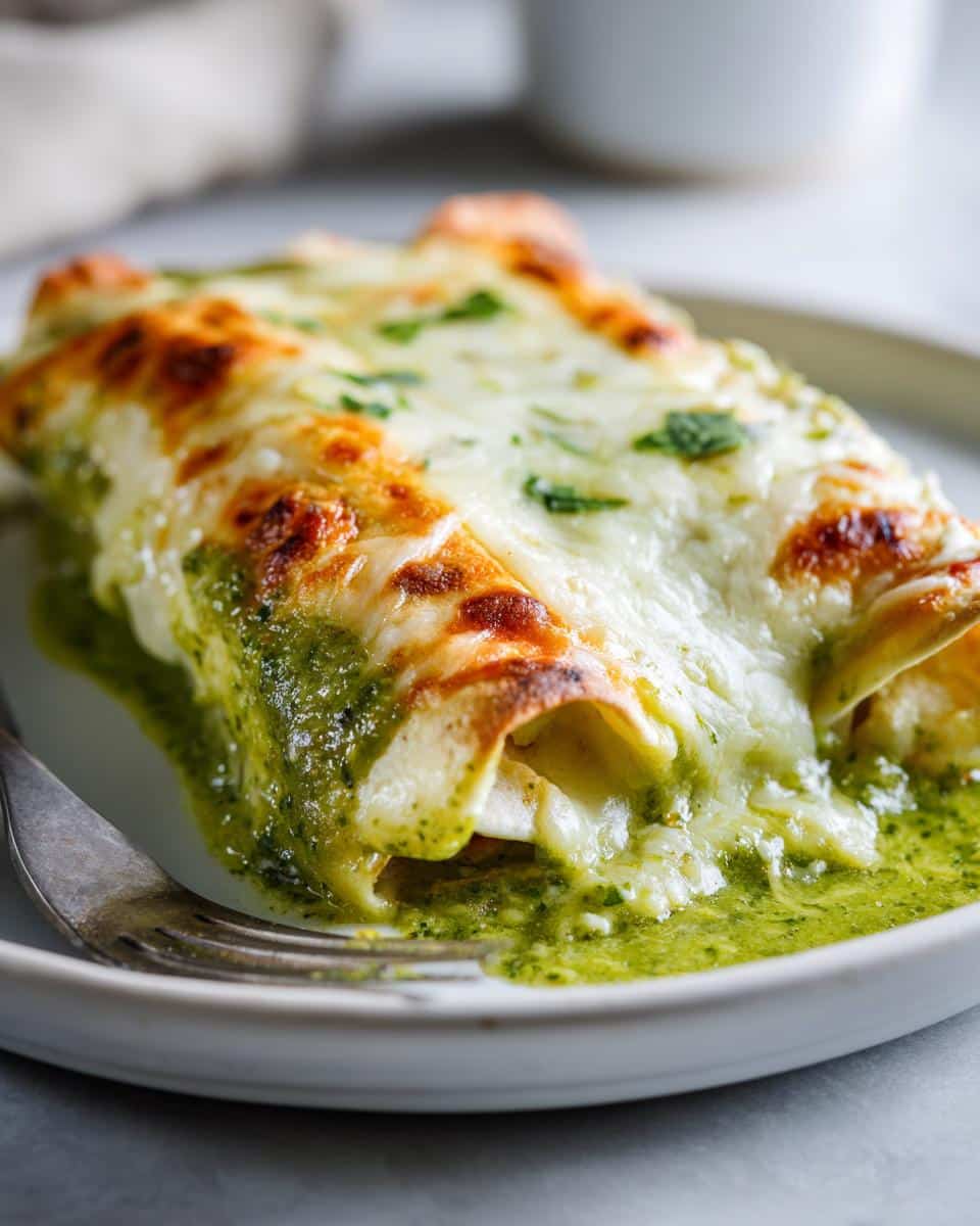 Close-up of Creamy Chicken Enchiladas with Green Sauce, topped with melted cheese and herbs.