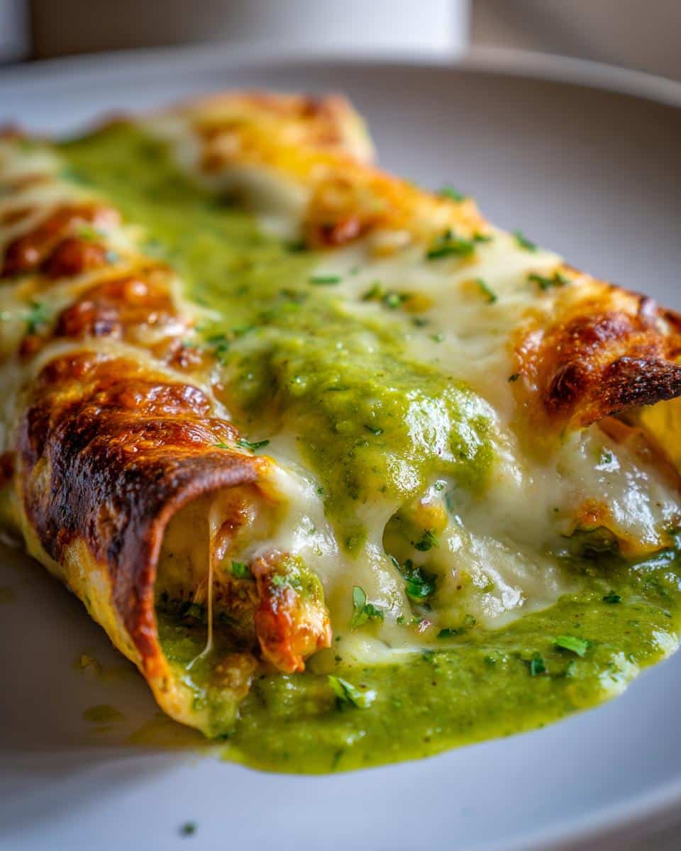Close-up of Creamy Chicken Enchiladas with Green Sauce, topped with melted cheese and fresh herbs.