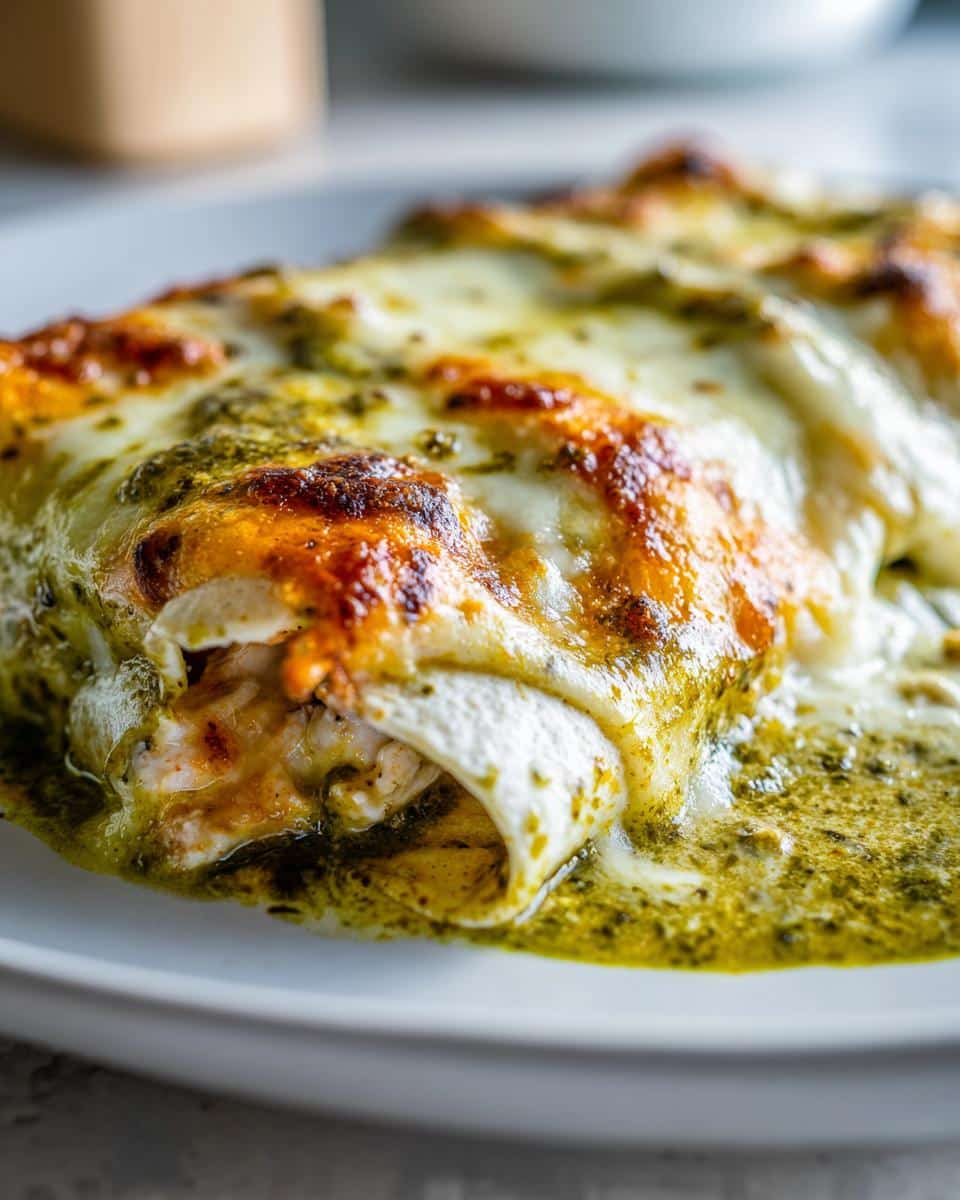 Close-up of Creamy Chicken Enchiladas with Green Sauce, covered in melted cheese and bubbling sauce.