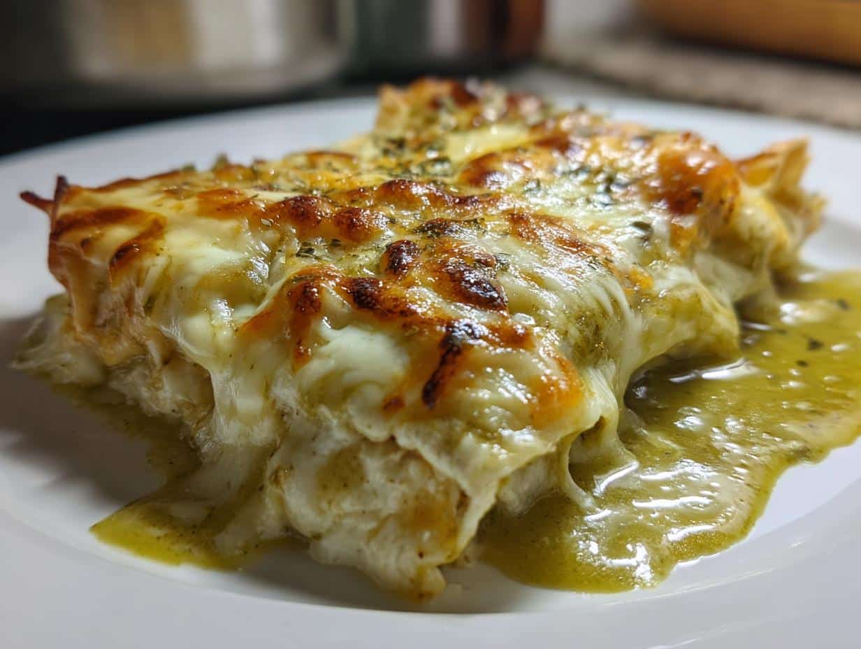 A close-up of a serving of Creamy Chicken Enchiladas with Green Sauce, topped with melted cheese and herbs.