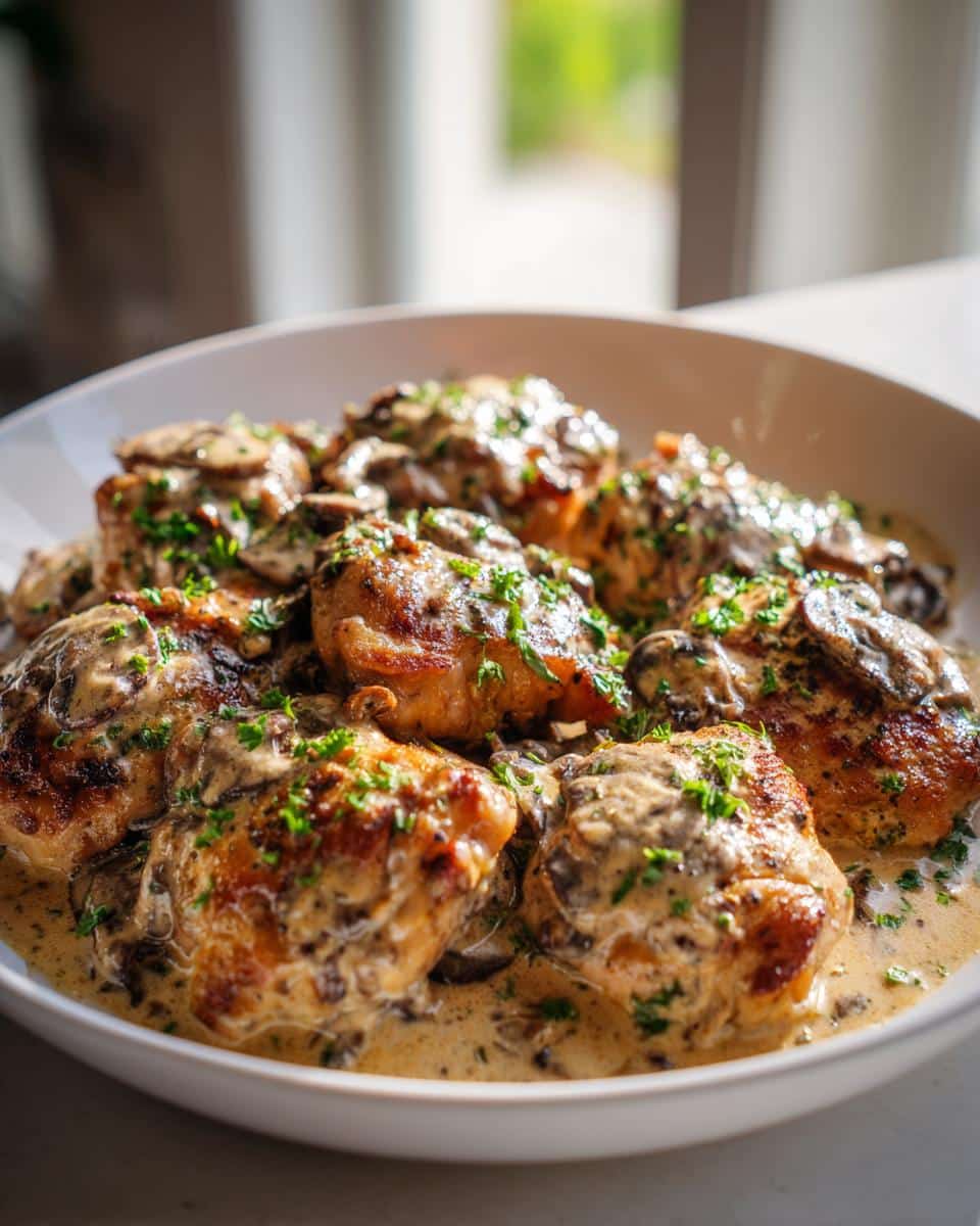 A white bowl filled with tender Creamy Mushroom Chicken Thighs, generously coated in a rich mushroom sauce and garnished with fresh parsley.
