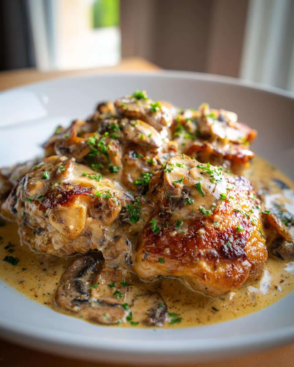 Close-up of tender Creamy Mushroom Chicken Thighs smothered in a rich sauce with sliced mushrooms and parsley.