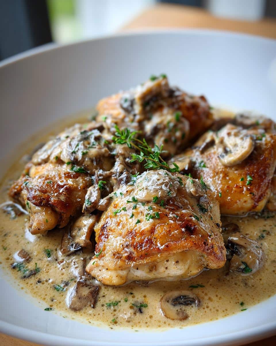 Close-up of tender, pan-seared chicken thighs in a rich, creamy mushroom sauce, garnished with fresh herbs.