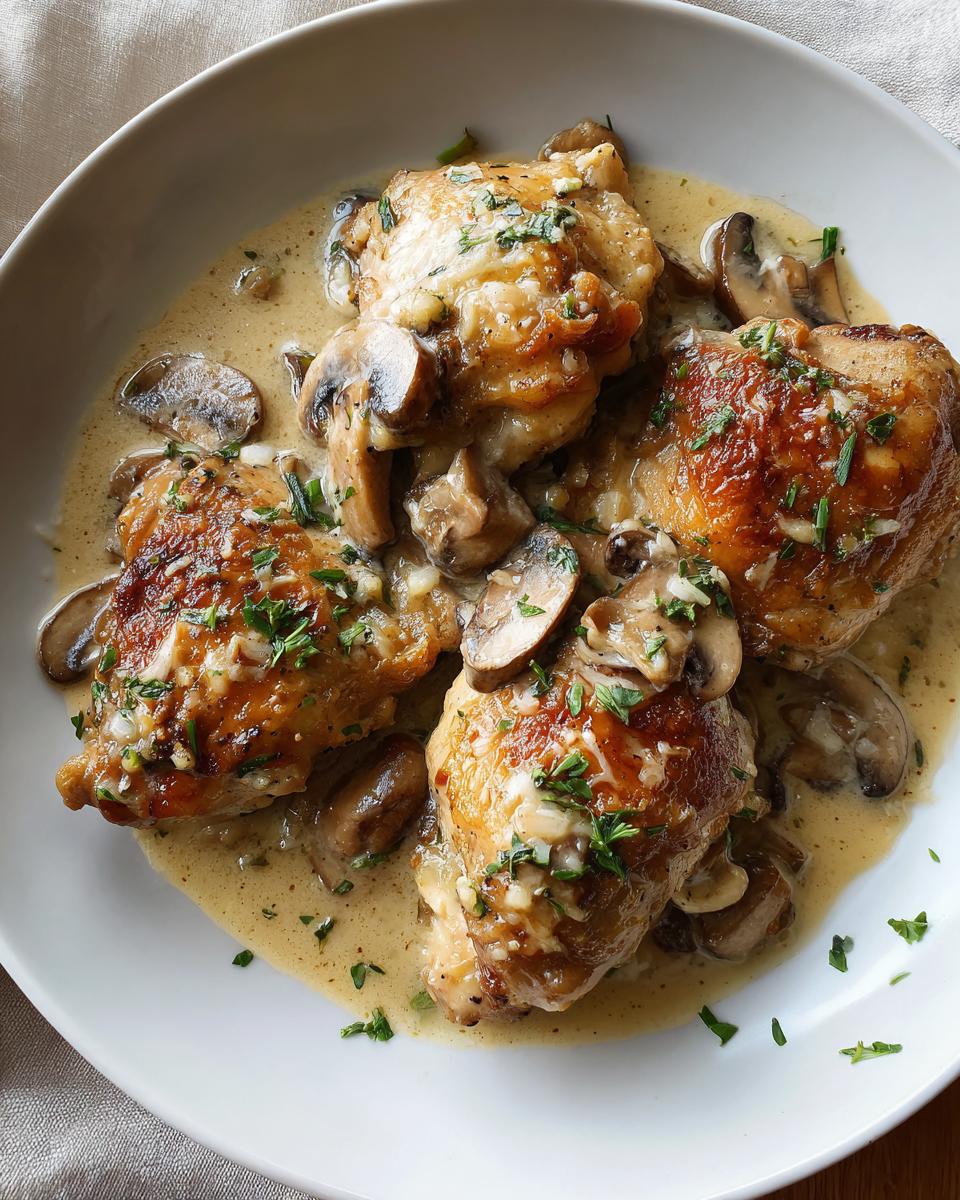 Close-up of pan-seared Creamy Mushroom Chicken Thighs in a rich, creamy sauce with sliced mushrooms and herbs.