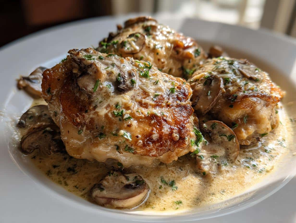 Close-up of three juicy Creamy Mushroom Chicken Thighs smothered in a rich mushroom sauce and garnished with parsley.