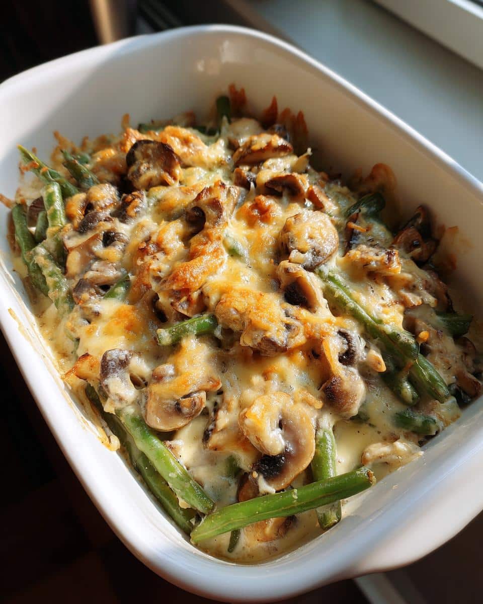 A close-up of a Creamy Mushroom Green Bean Bake in a white casserole dish, topped with melted golden cheese and visible mushrooms and green beans.