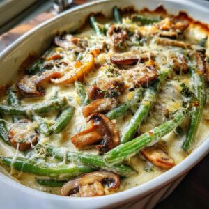 A close-up view of a Creamy Mushroom Green Bean Bake in a white casserole dish, topped with melted cheese and herbs.