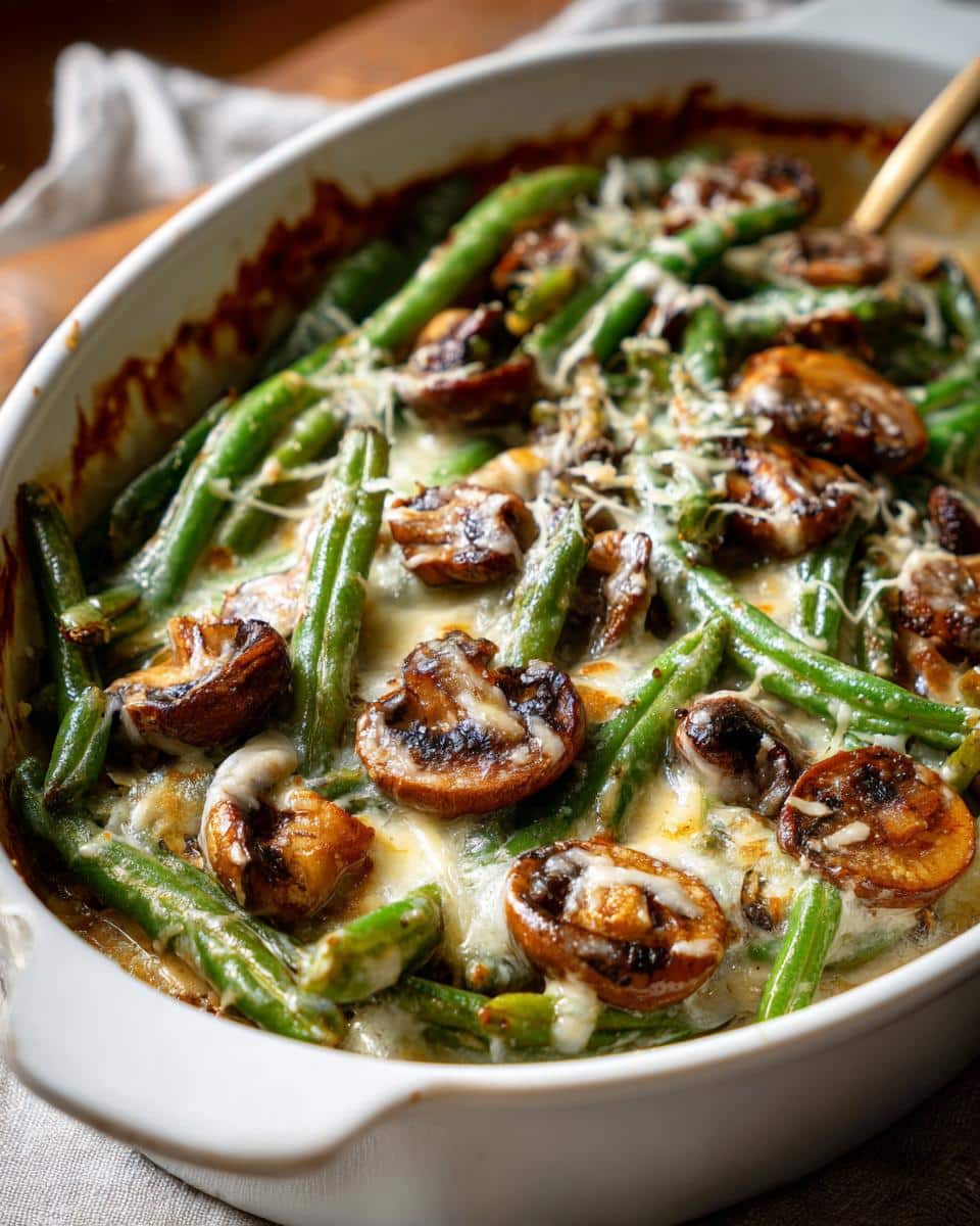 Close-up of a Creamy Mushroom Green Bean Bake in a white dish, topped with melted cheese and browned mushrooms.