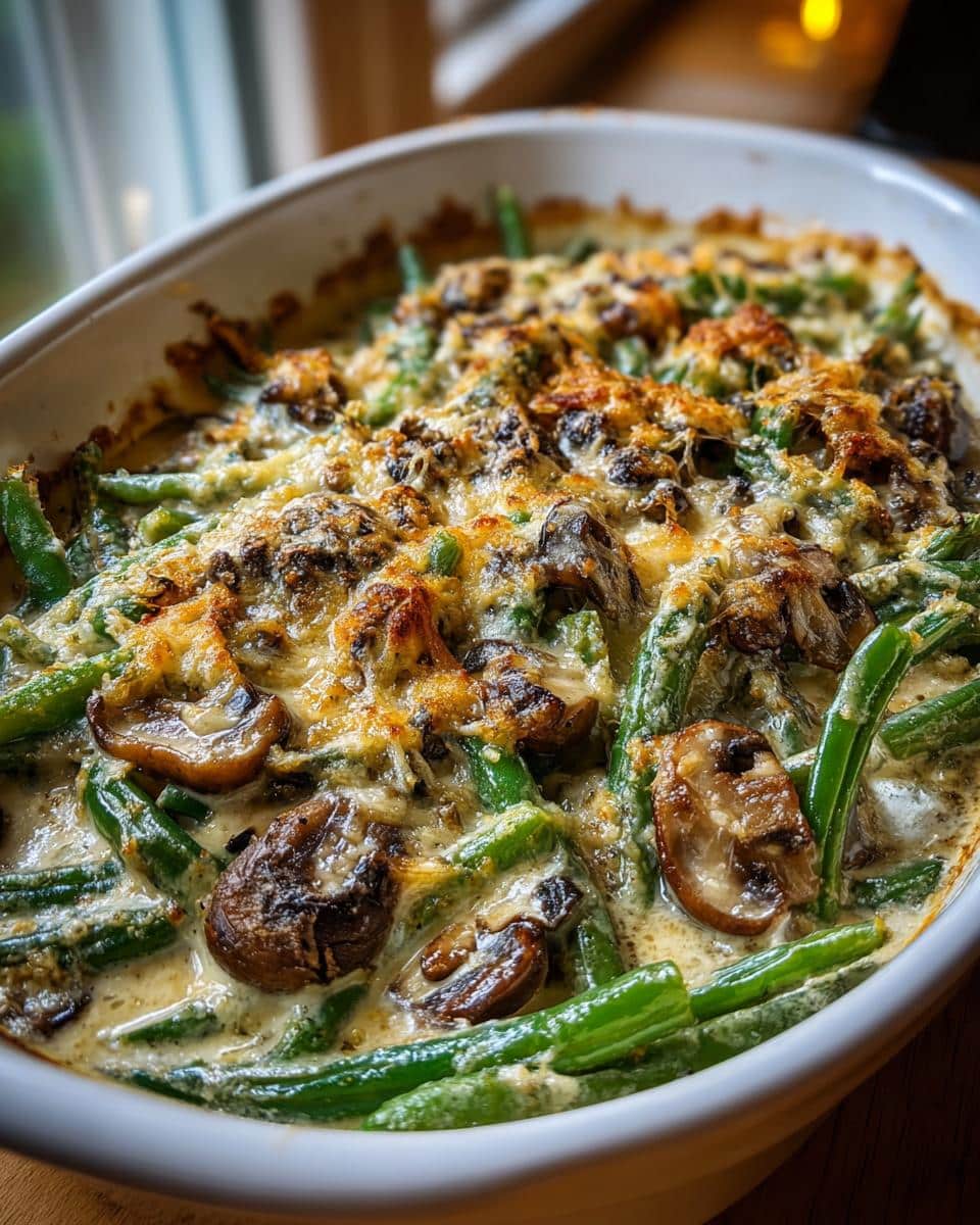 Close-up of a Creamy Mushroom Green Bean Bake in a white casserole dish, bubbling with melted cheese.