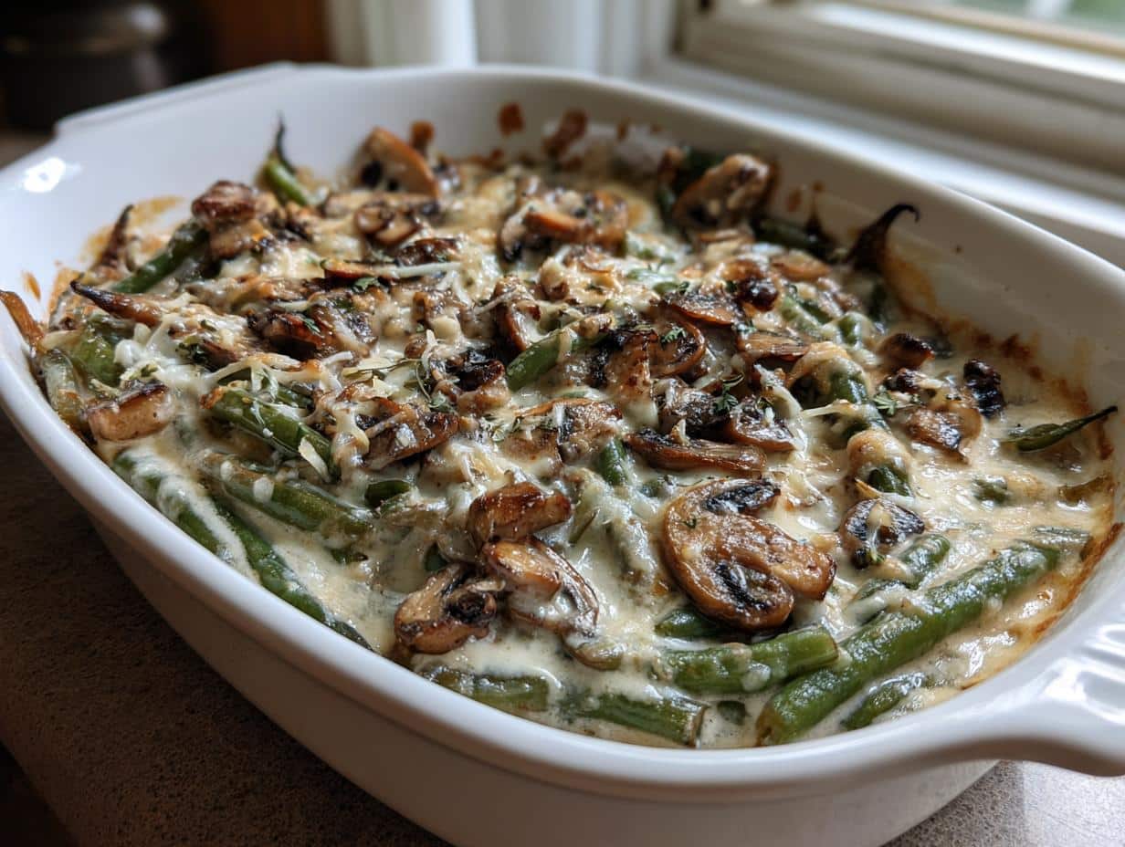 A close-up of a Creamy Mushroom Green Bean Bake in a white casserole dish, topped with melted cheese and herbs.