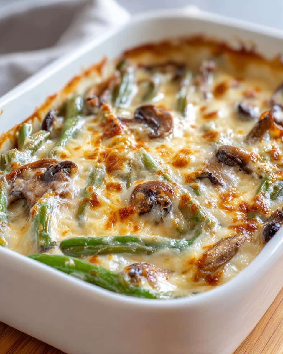 Close-up of a freshly baked Creamy Mushroom Green Bean Bake in a white dish, with melted cheese and visible mushrooms and green beans.