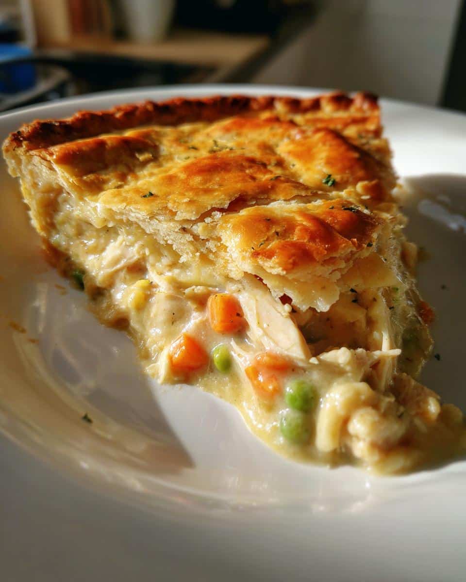 A generous slice of creamy turkey pot pie on a white plate, showing flaky crust, tender turkey, carrots, and peas.