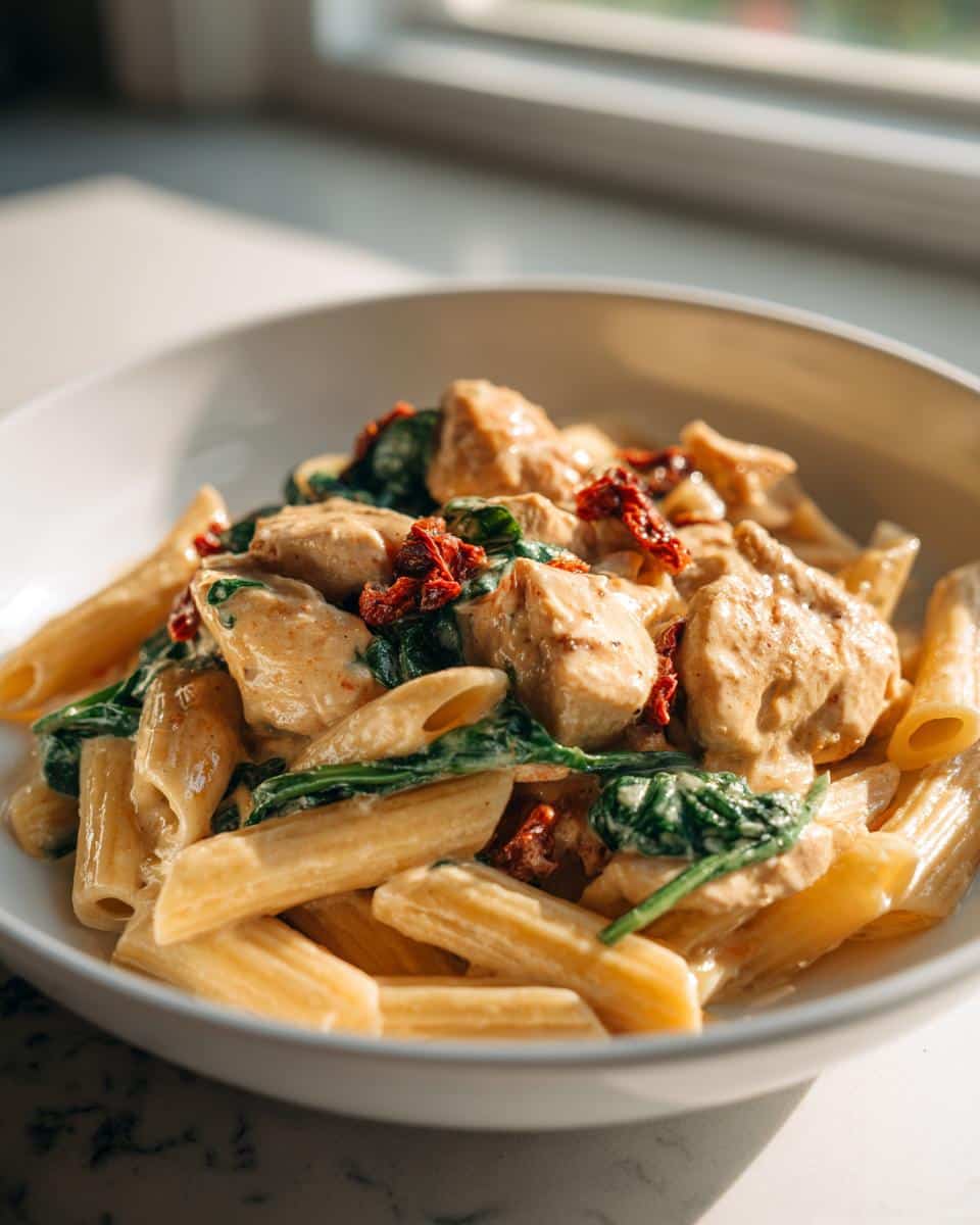A close-up of Creamy Tuscan Chicken Pasta featuring penne, tender chicken, spinach, and sun-dried tomatoes in a rich sauce.