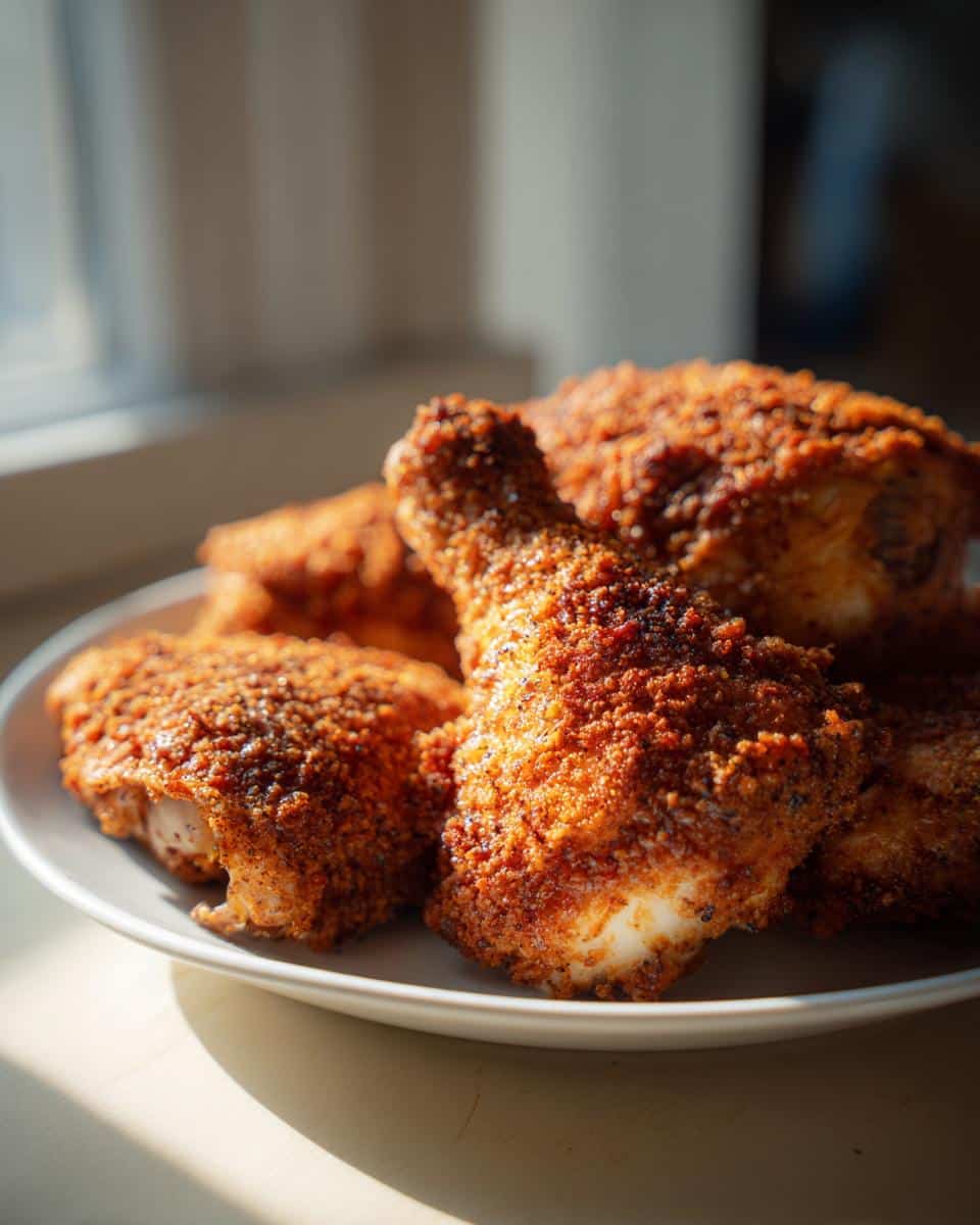 A close-up of a plate filled with golden-brown, crispy baked chicken thighs, seasoned to perfection.