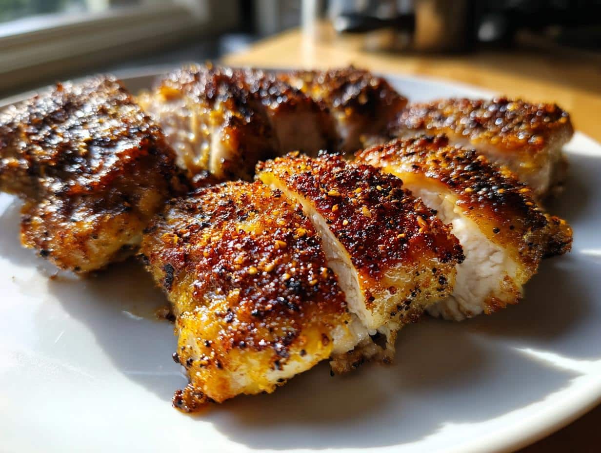 Close-up of perfectly cooked Crispy Baked Chicken Thighs, sliced and seasoned, on a white plate.