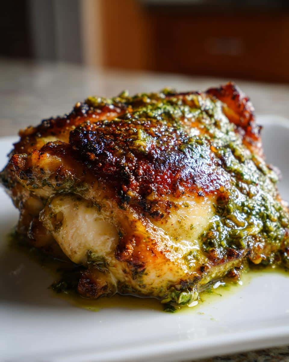 A close-up of a juicy, crispy Pesto Chicken Thighs on a white plate, glistening with pesto sauce.