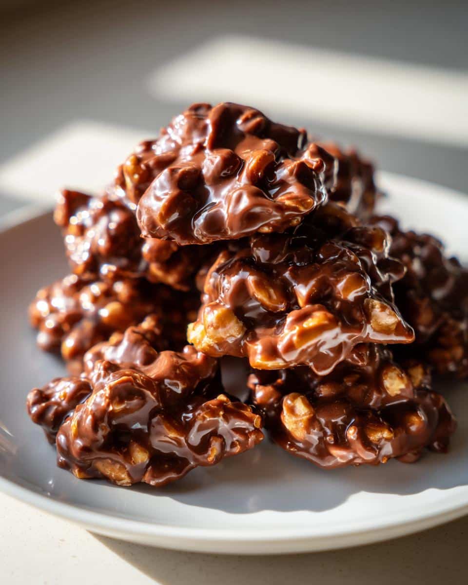 A close-up pile of shiny, rich chocolate Crockpot Candy clusters with visible nuts.