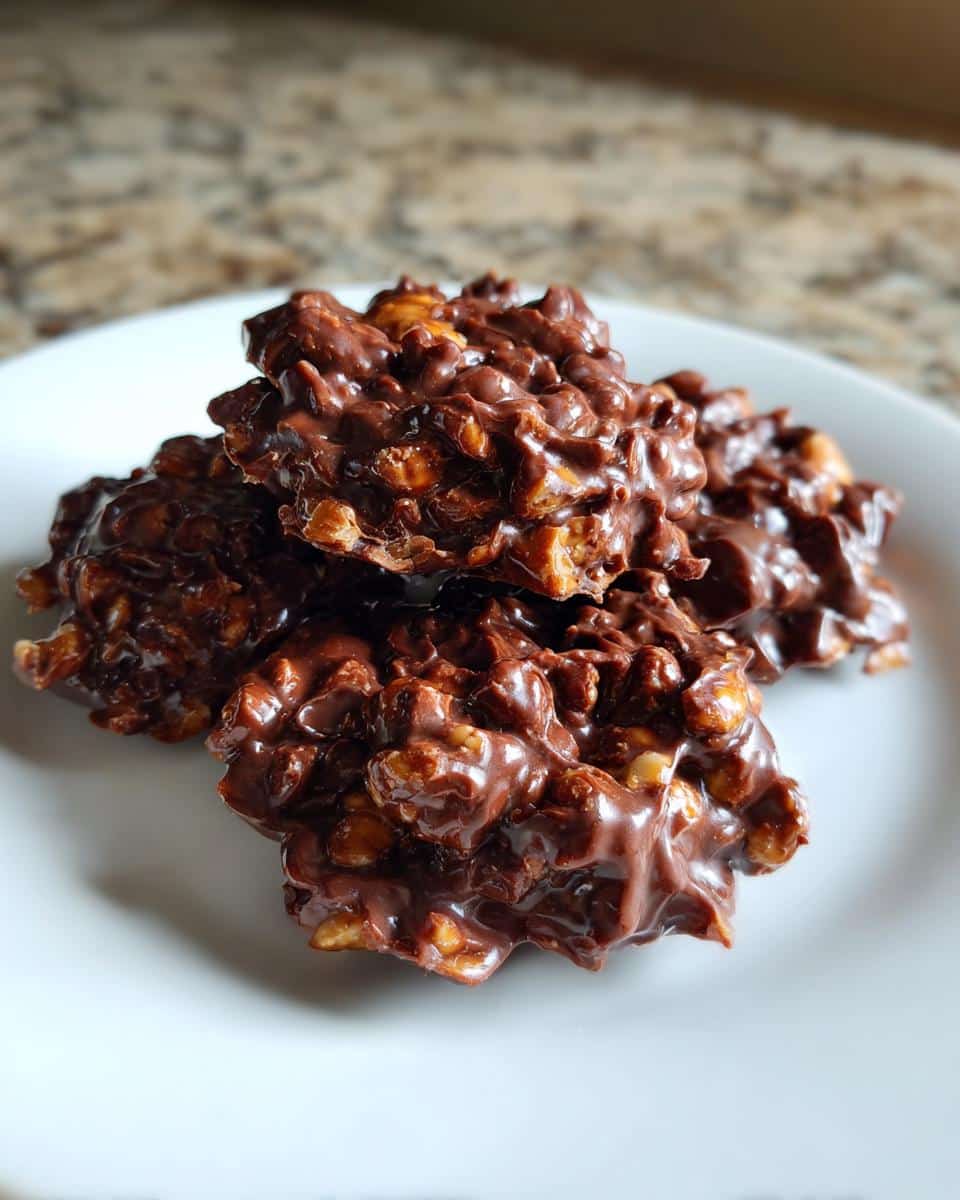 A close-up of several pieces of Crockpot Candy on a white plate, showcasing the chocolate and peanut mixture.