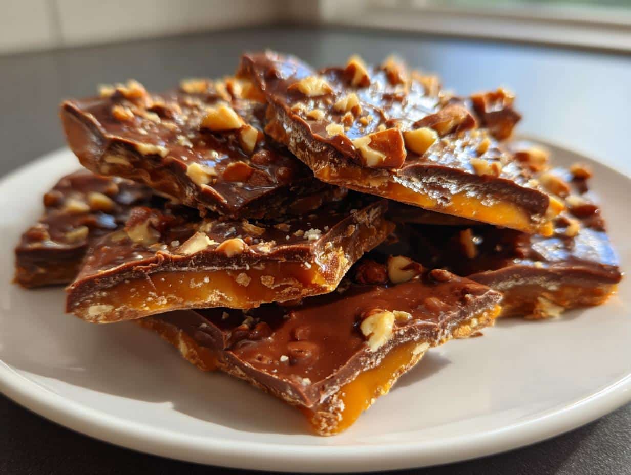 A close-up of a stack of Delicious Christmas Crack Toffee pieces, showing layers of caramel, chocolate, and nuts.