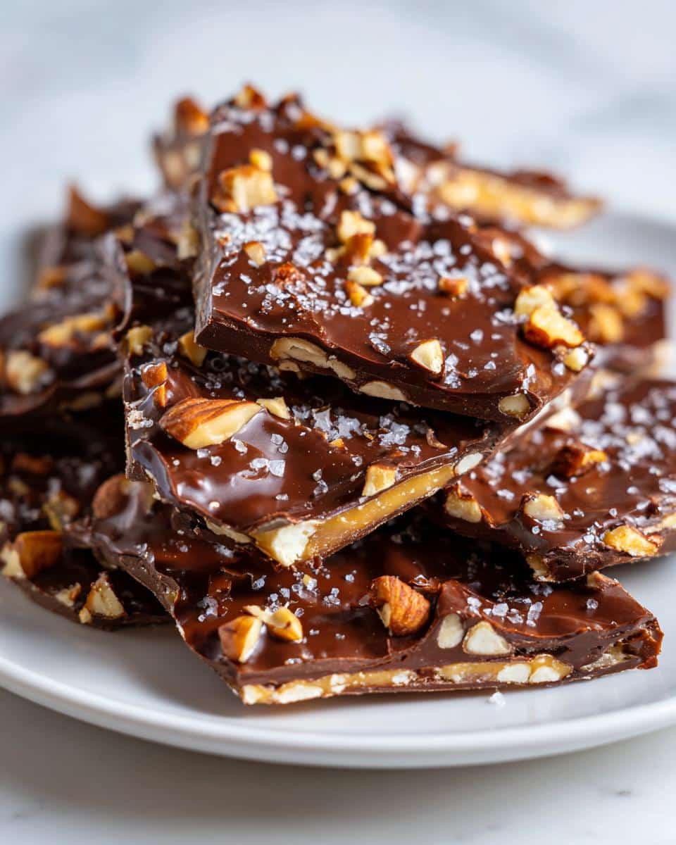 A stack of Delicious Christmas Crack Toffee Recipe pieces, topped with chocolate, almonds, and sea salt.
