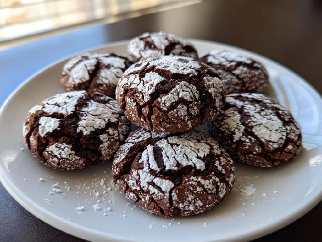 A pile of rich Double Chocolate Crinkle Cookies dusted with powdered sugar on a white plate.