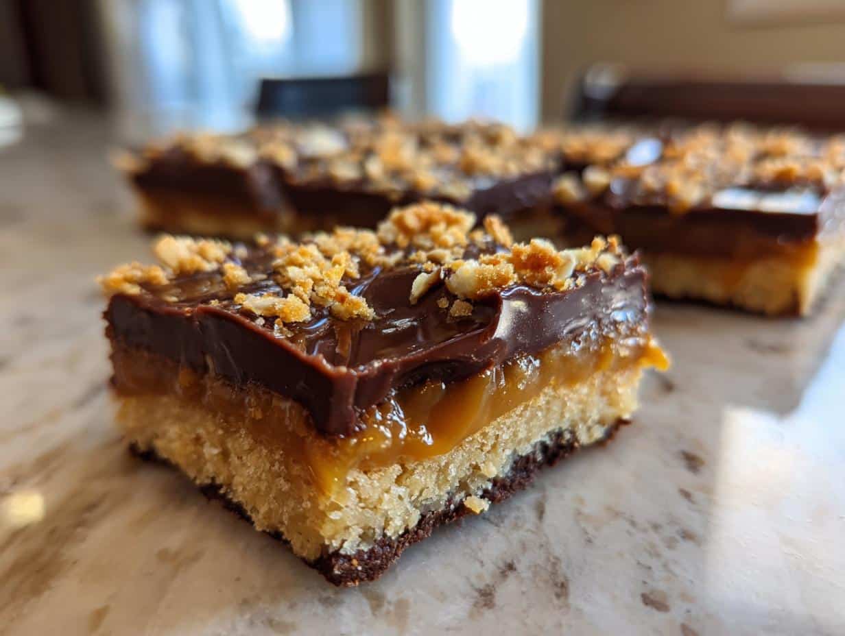 Easy 5-Ingredient Almond Roca That Will Wow Everyone 1 Close-up of a rich and decadent Almond Roca bar, featuring a chocolate topping and crunchy nut pieces.