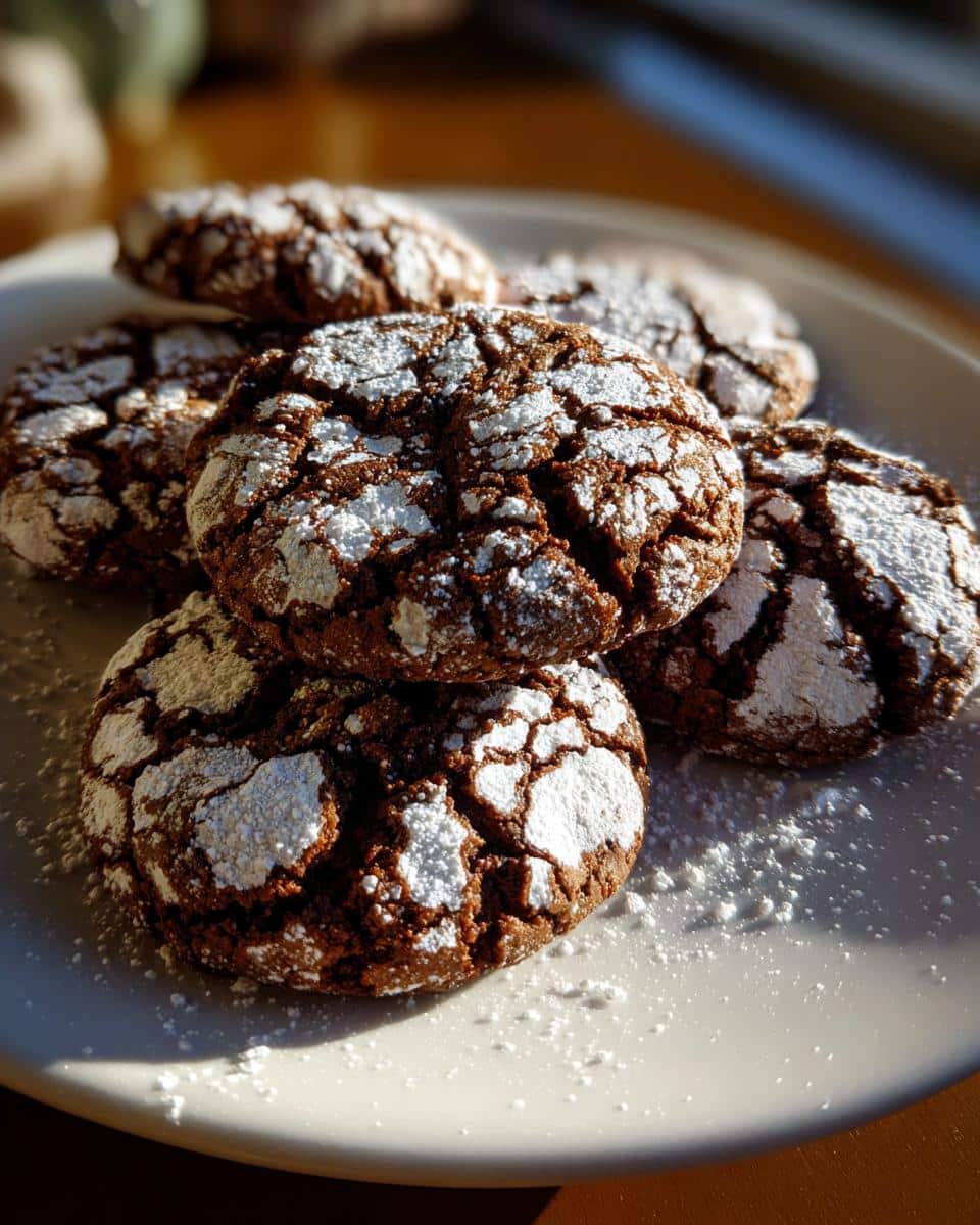 Irresistible Espresso Chocolate Crinkle Cookies Recipe 2 A pile of rich, dark Espresso Chocolate Crinkle Cookies dusted with powdered sugar on a white plate.