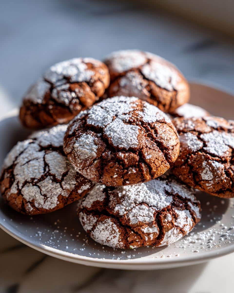 Irresistible Espresso Chocolate Crinkle Cookies Recipe 3 A pile of rich, dark Espresso Chocolate Crinkle Cookies generously dusted with powdered sugar.