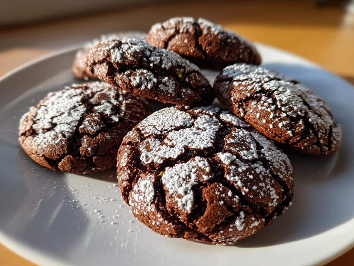 Irresistible Espresso Chocolate Crinkle Cookies Recipe 1 A close-up of several rich, dark Espresso Chocolate Crinkle Cookies dusted with powdered sugar on a white plate.