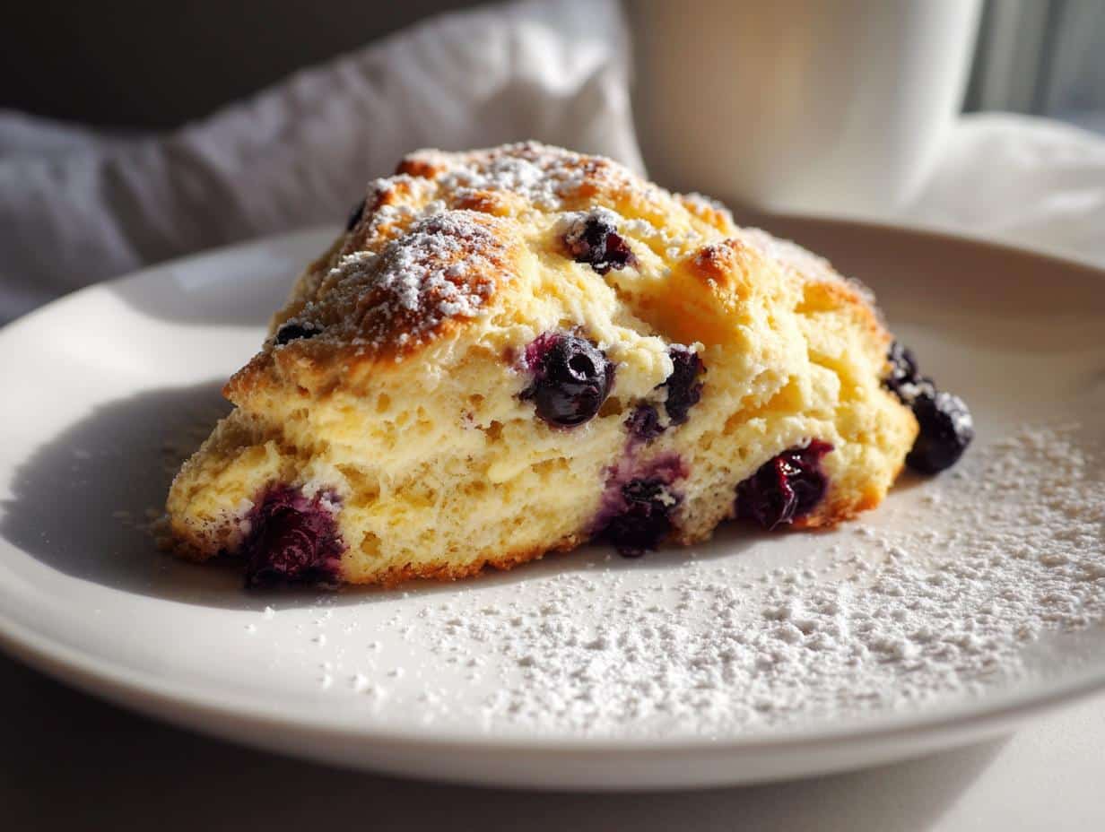 A close-up of a fluffy blueberry scone dusted with powdered sugar on a white plate.