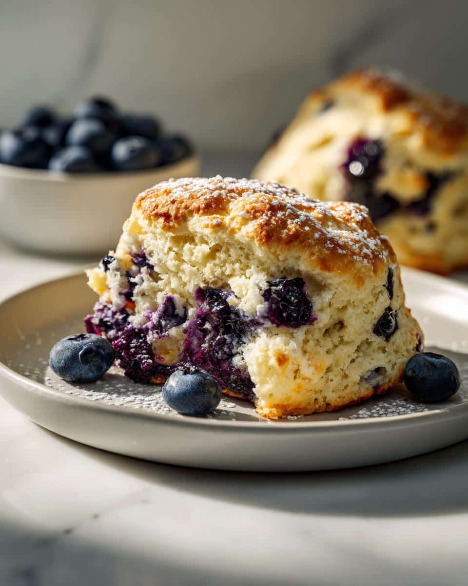 A close-up of a fluffy blueberry scone dusted with powdered sugar, with fresh blueberries on the side.