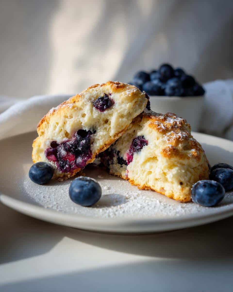 Close-up of two fluffy blueberry scones, split open to reveal juicy blueberries, dusted with powdered sugar.