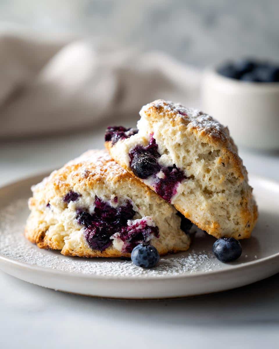 Close-up of two fluffy blueberry scones dusted with powdered sugar, with fresh blueberries scattered around.