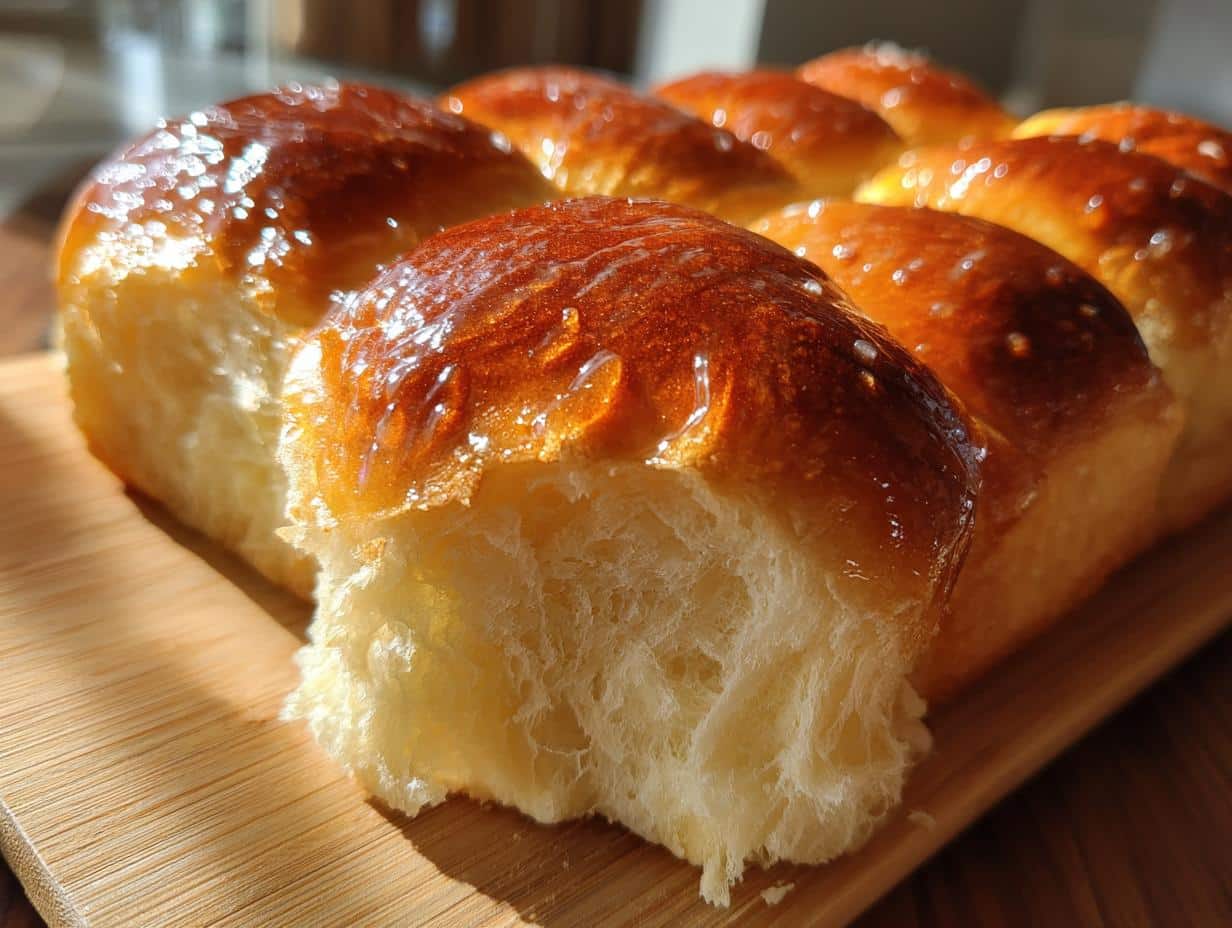 Close-up of a torn Fluffy Milk Bread Roll showing its incredibly soft and airy interior.