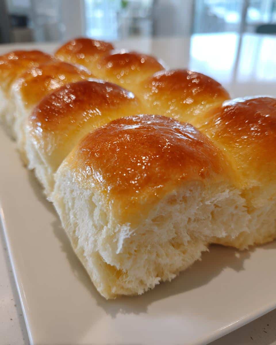 A close-up of a row of fluffy sourdough dinner rolls, glistening with a golden-brown, buttery glaze.