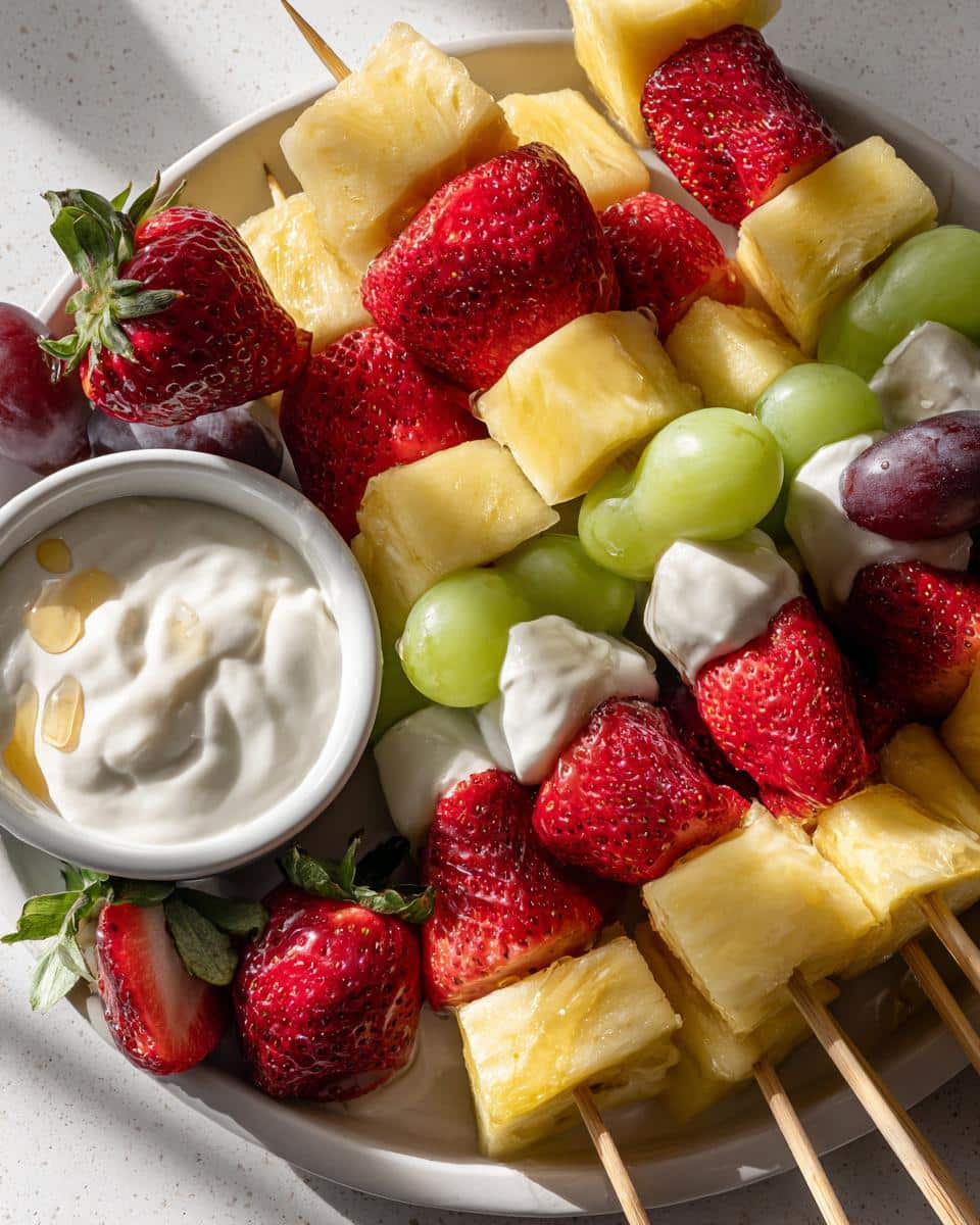 Close-up of colorful fruit skewers with strawberries, pineapple, grapes, and a bowl of creamy Boo dip.