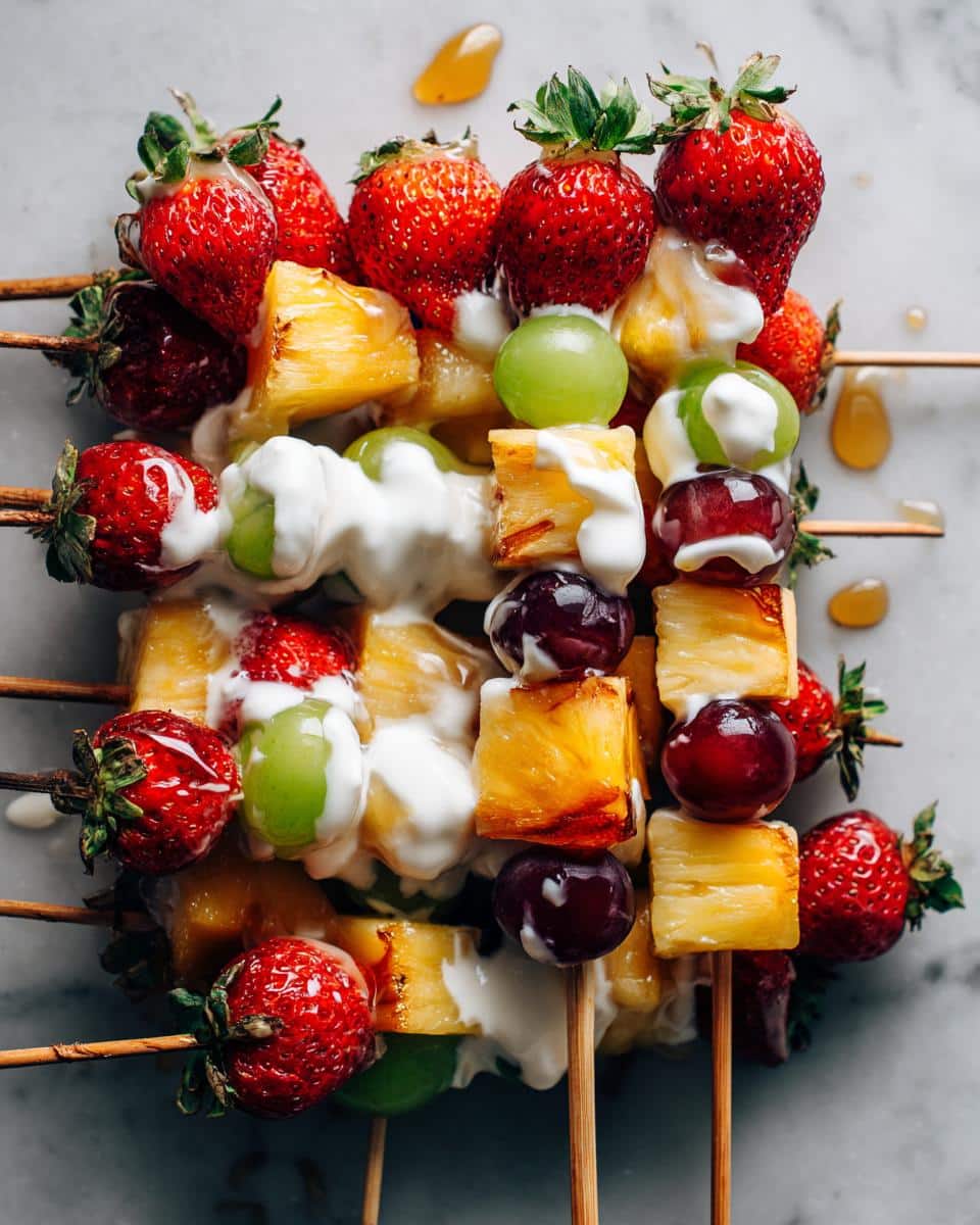 Close-up of colorful fruit skewers with strawberries, pineapple, and grapes, drizzled with a creamy white dip.