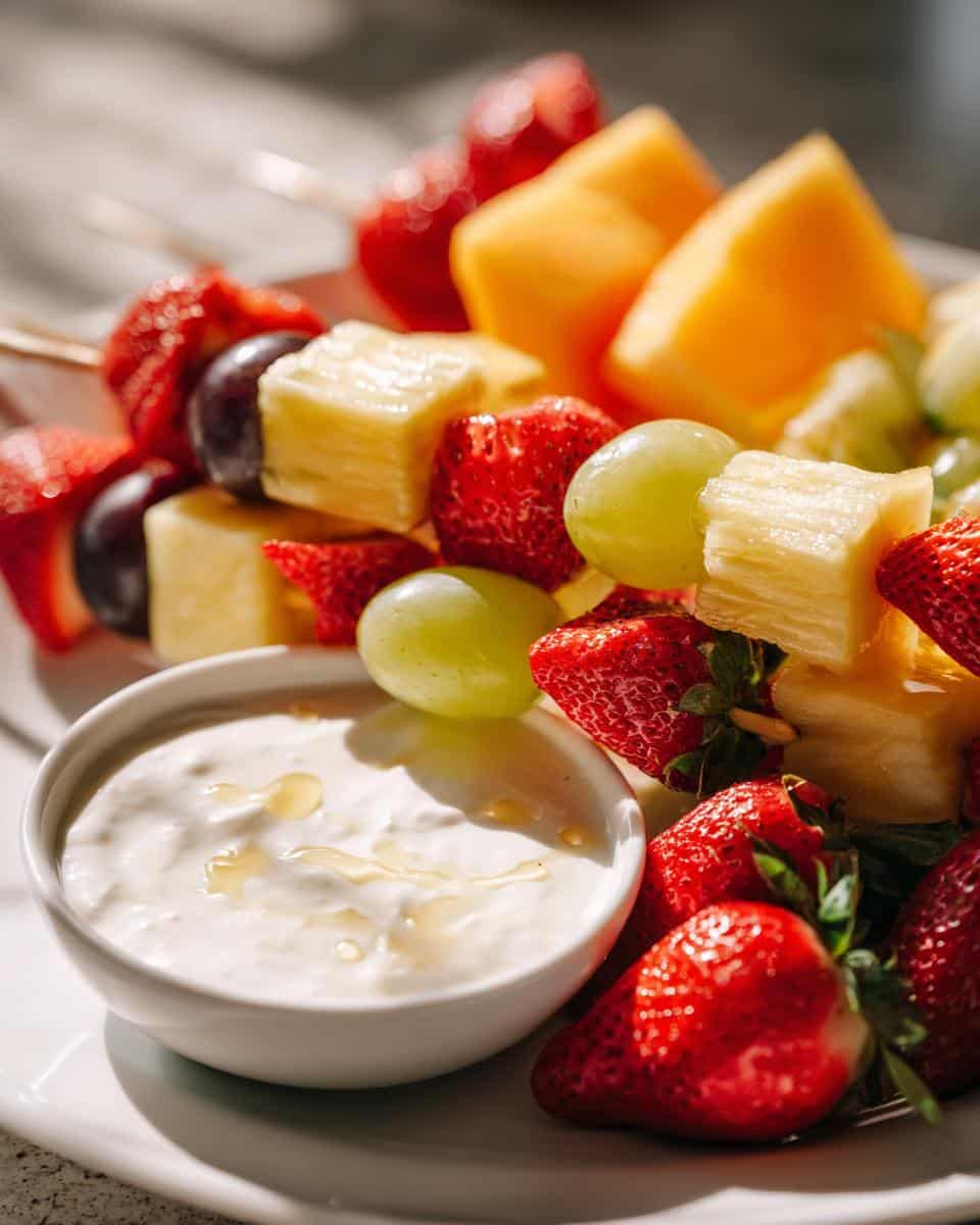 Close-up of colorful fruit skewers with strawberries, pineapple, grapes, and melon, served with a bowl of creamy Boo Dip.